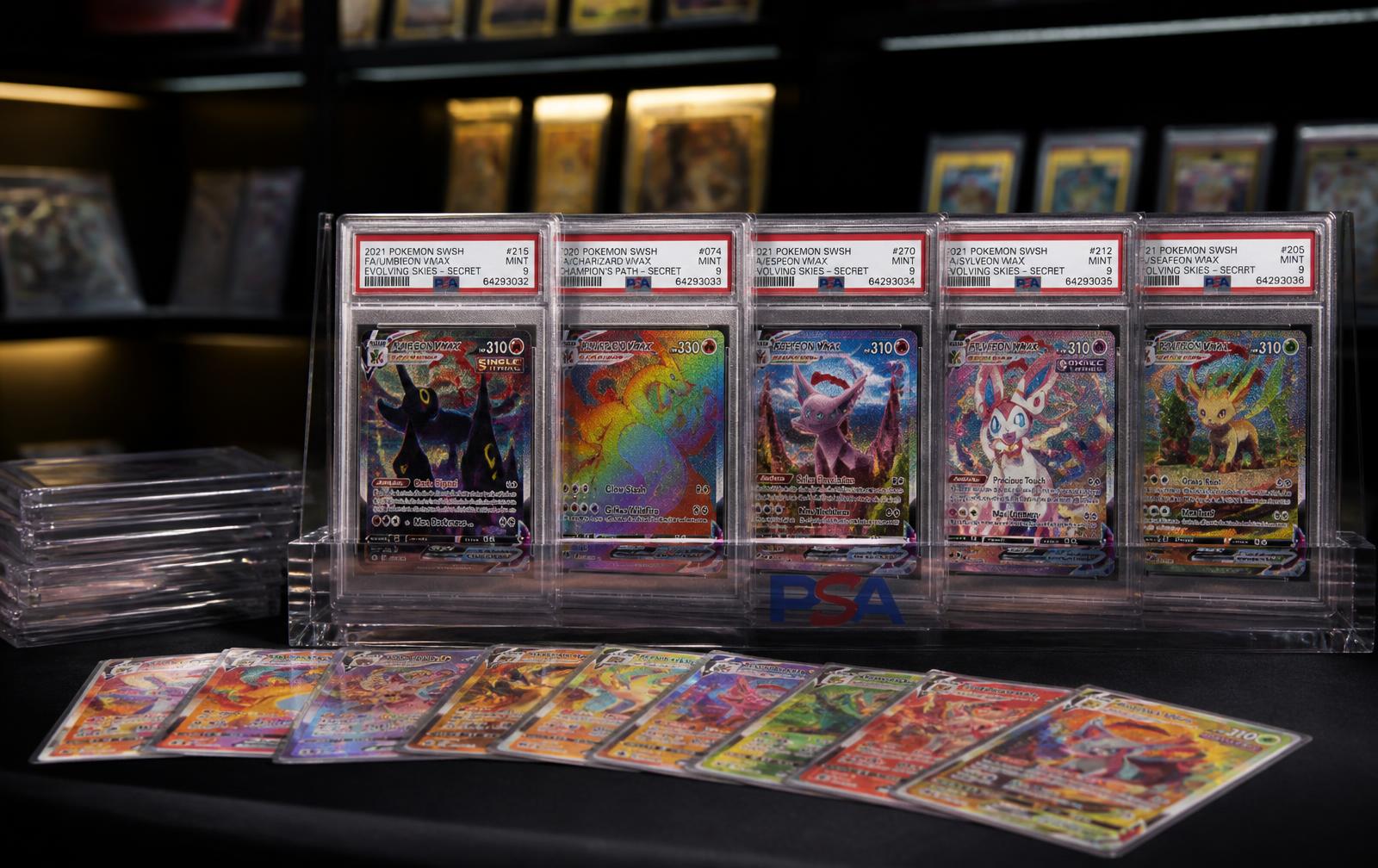 Graded Pokémon slabs in the case