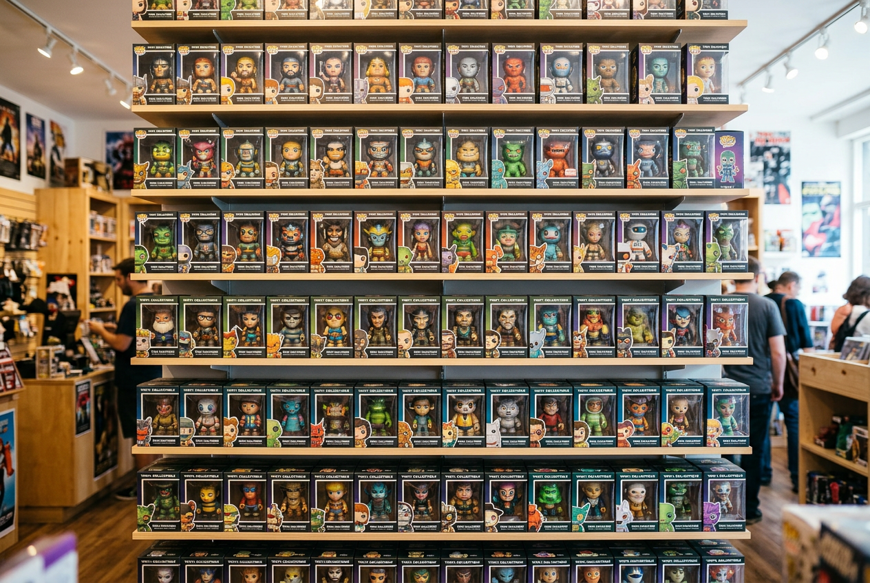 Shelves of Funko Pops in the Vault shop