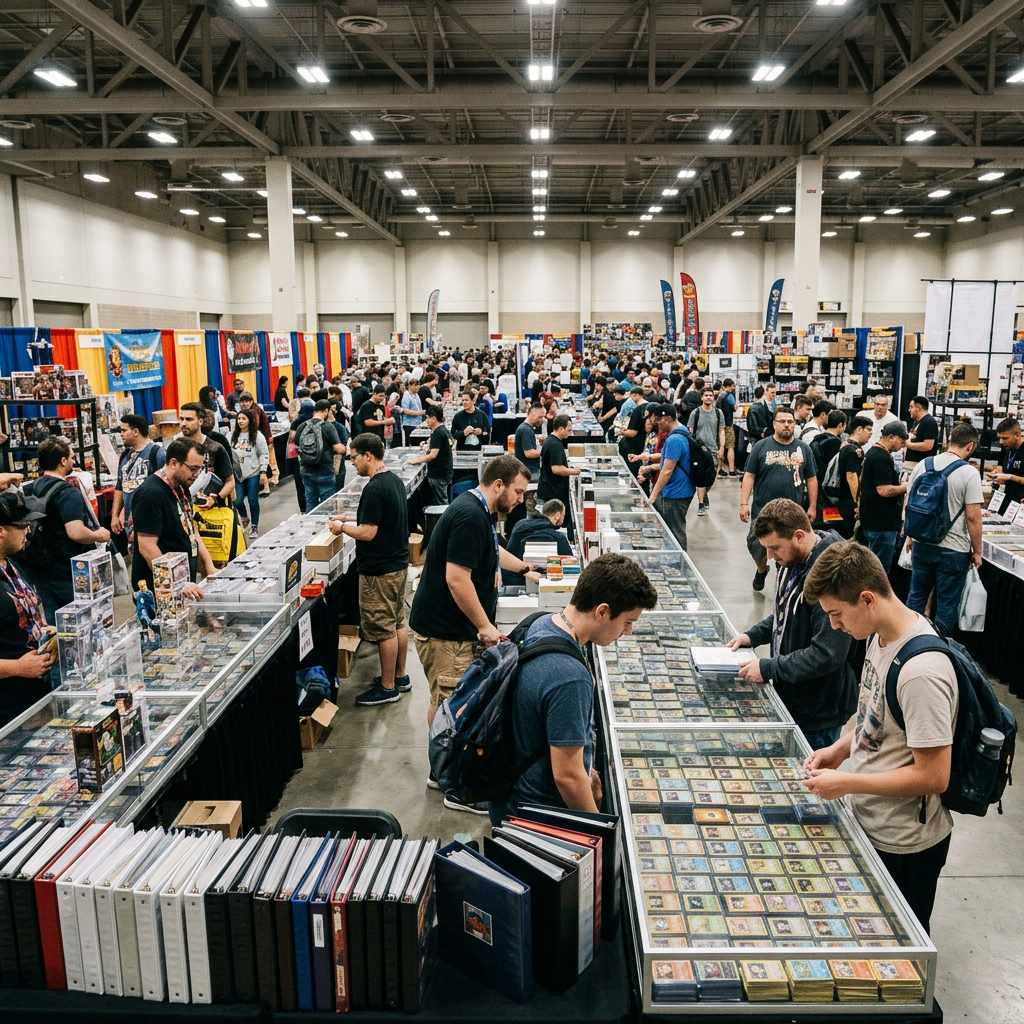 Collectors browsing trading card vendor tables at a show